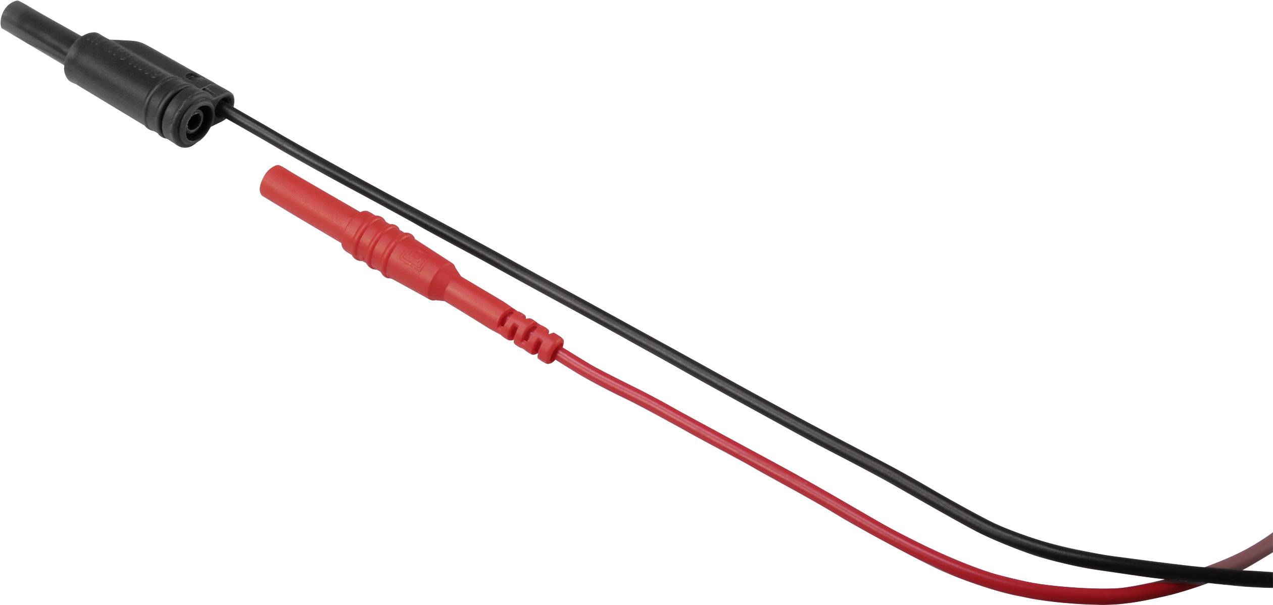 Two multimeter test leads, one black and one red, lying side by side.