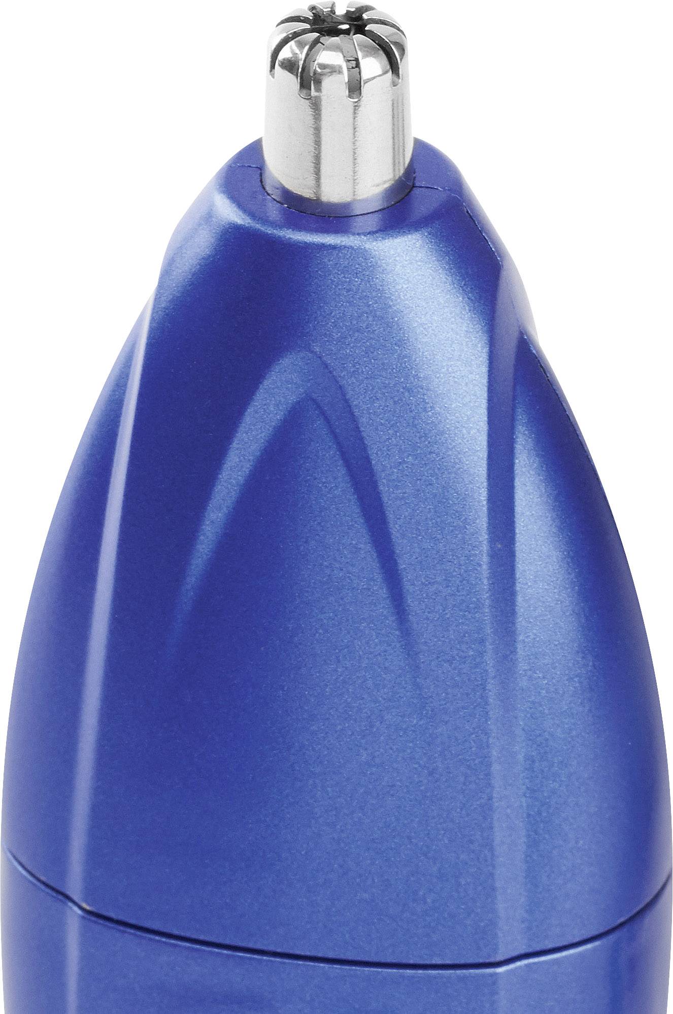 Blue nose hair trimmer with metallic cutting head, suitable for removing nose hair.