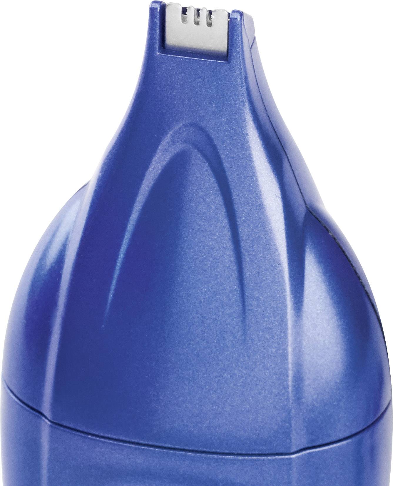 Close-up of a blue electric nose hair trimmer with a metallic blade unit at the top end.