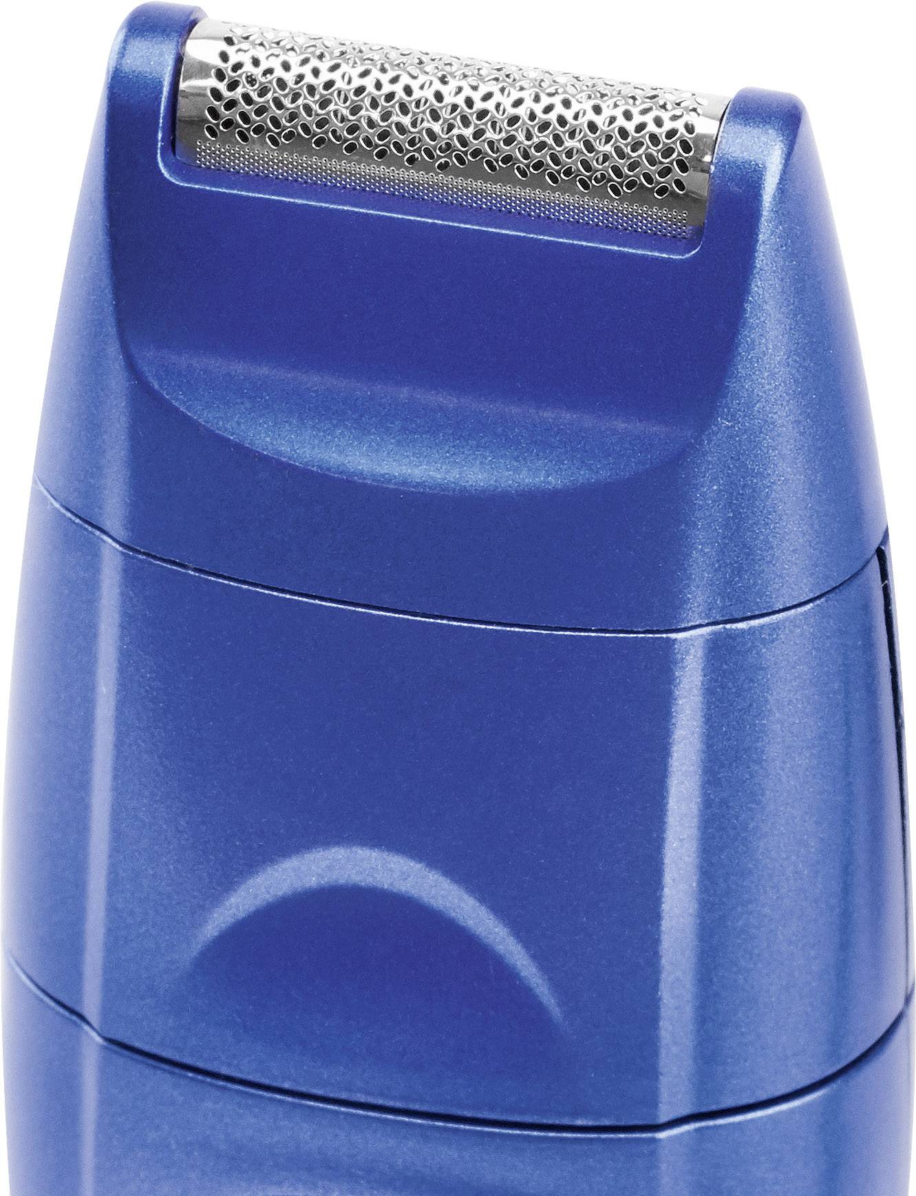 A blue electric razor with a silver shaving head, suitable for grooming and removing body and facial hair.