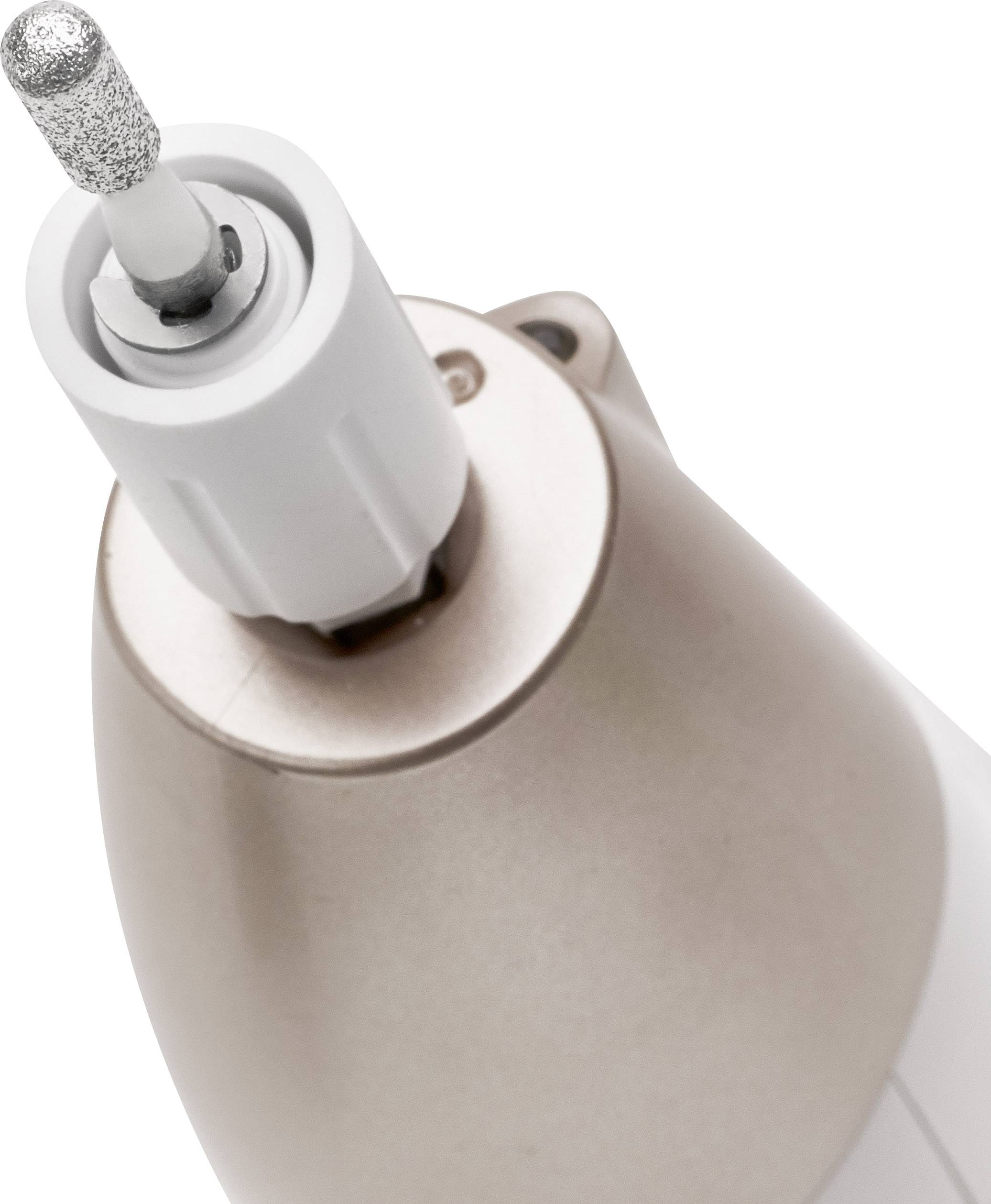 A battery-powered nail file device with an interchangeable grinding head is shown at an angle from above.