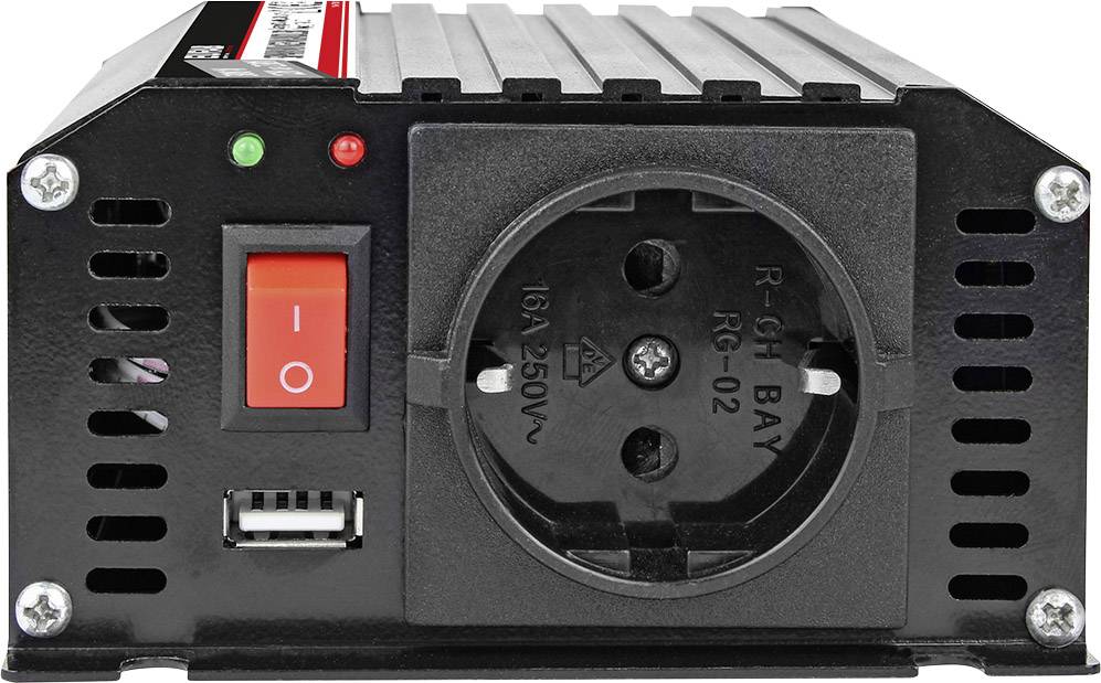 'Black voltage converter with on/off switch, USB port and European socket. Red-green LED indicator.'