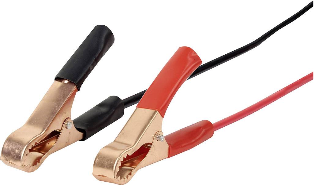 Two car battery terminals: one red and one black. They are connected by cables and used for jump-starting car batteries.