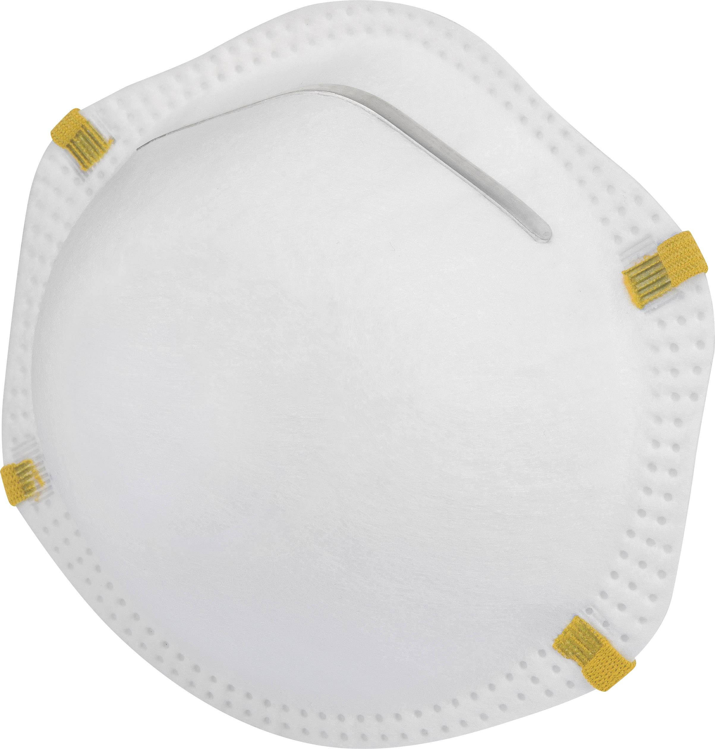White respiratory protection mask with yellow elastic bands and metal nose clip, isolated against a white background.