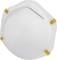 White respiratory protection mask with yellow elastic bands and metal nose clip, isolated against a white background.