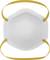 A white respiratory mask with yellow elastic straps arranged around an oval filter. Suitable for particle filtration.