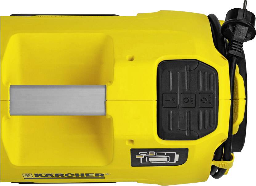 A yellow Kärcher device viewed from above. It shows buttons and a power cable. Suitable for high-pressure cleaning.