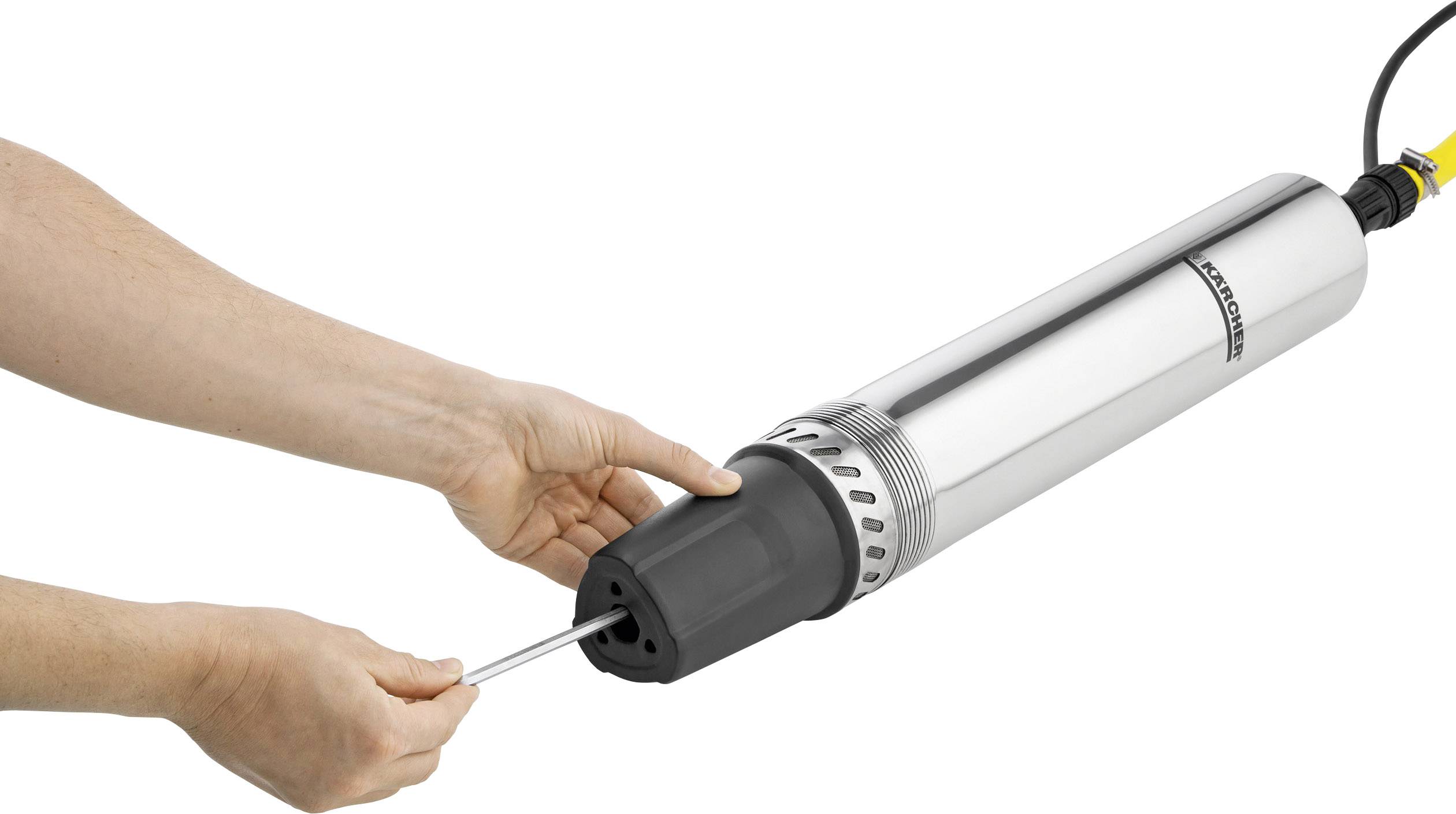 A person is holding a long, metallic device with a black handle and is pulling out a thin metal rod.