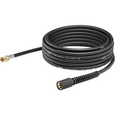 A long, black high-pressure hose with metal connectors, coiled up. Suitable for use in industrial or domestic cleaning applications.