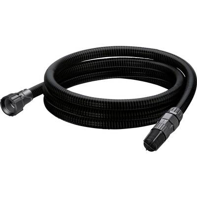 A black, flexible hose with connections at both ends, suitable for water or air systems in technical applications.