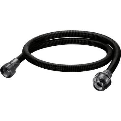 Black flexible hose with fittings at both ends, suitable for household or industrial applications.