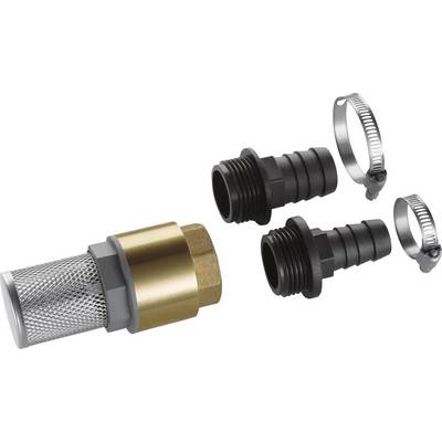 Connector kit for hoses consisting of two black plug connectors, a brass/mesh filter adapter, and two hose clips.