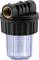 Plastic water filter housing with a transparent container and brass connection at the top, suitable for various filter cartridges.