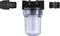 A translucent water filter container in the centre, flanked by two black connection pieces, on the left and right.