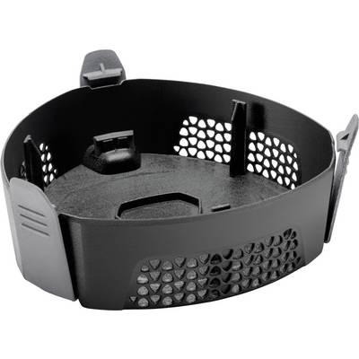 Black plastic component with a circular shape and lateral openings, potentially a mounting element or accessory part, on a white background.