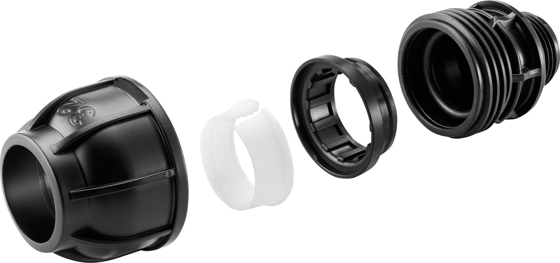 Individual components of a plastic pipe connector, consisting of a cap, a white ring, and another connecting piece.