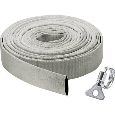 A coiled grey fabric hose with a silver metal key and a hose clip beside it.