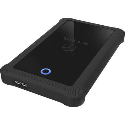 External hard drive with a black casing, blue LED light, and USB connection. 'ICY BOX' inscription on the surface.