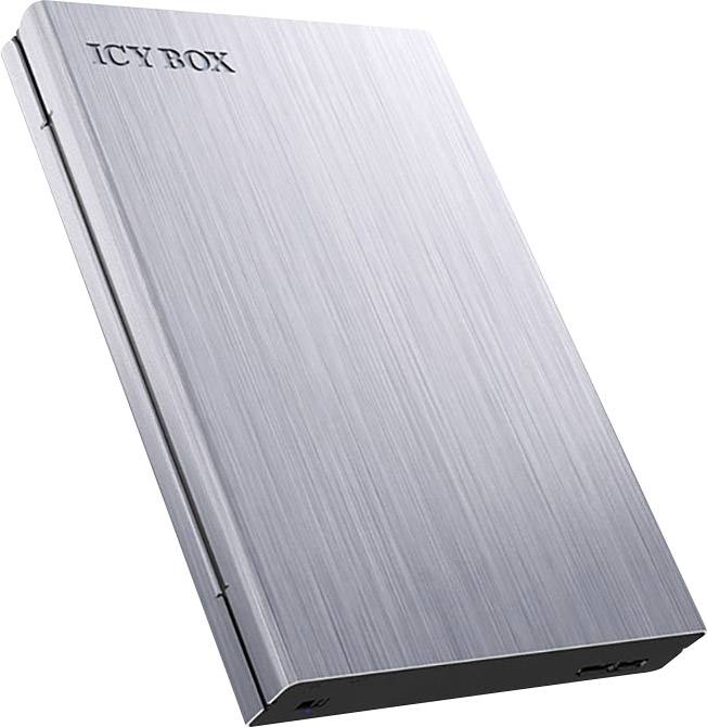 External hard drive enclosure made of brushed metal with 'ICY BOX' printed on it. Simple, modern design.
