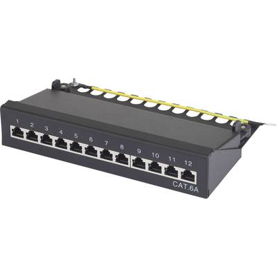 Patch panel with 12 Ethernet ports, numbered from 1 to 12, for network installations. Cat. 6A standard shown.