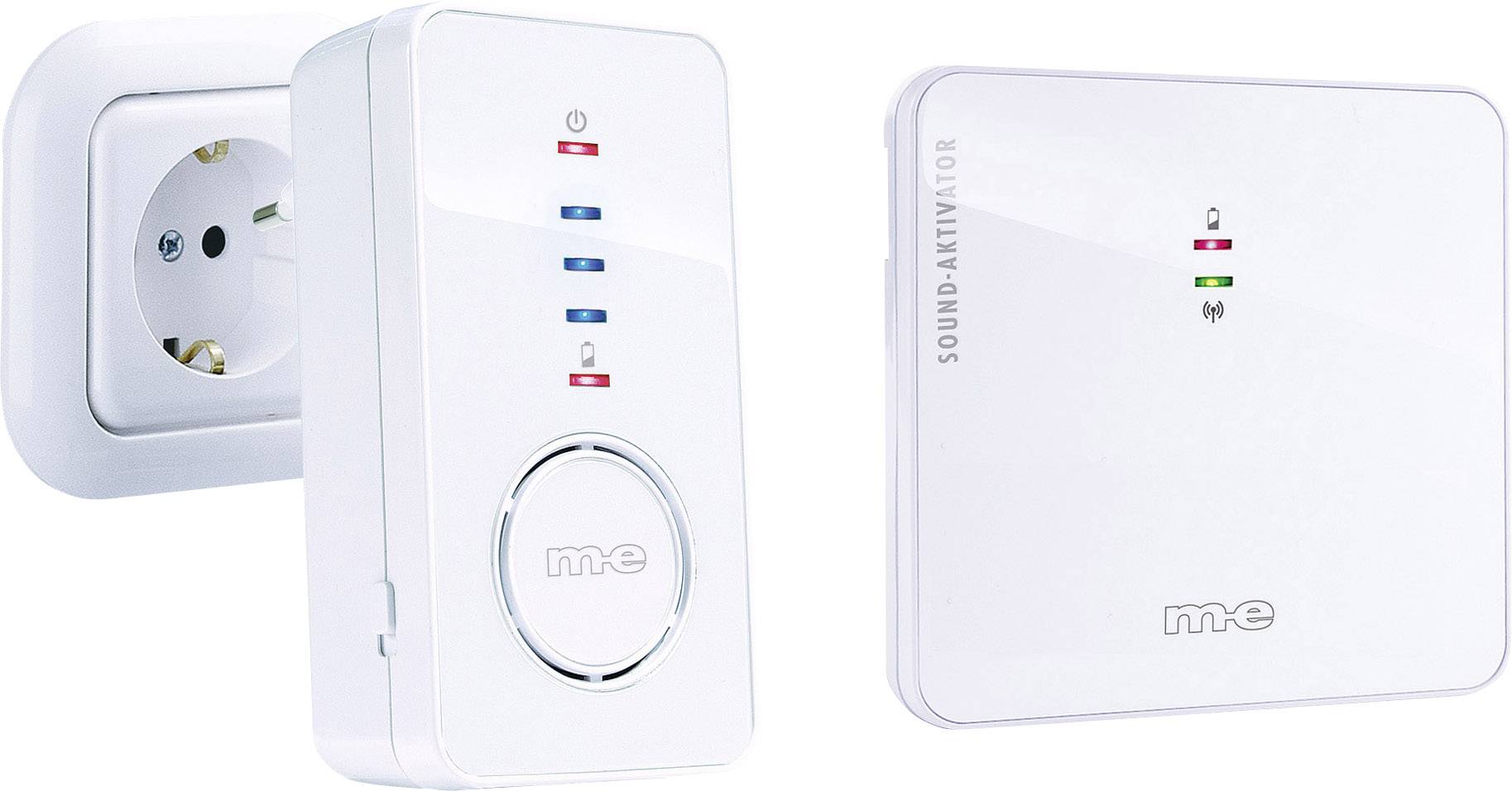 A white wireless doorbell receiver and an accompanying device with coloured LED indicators for status display.