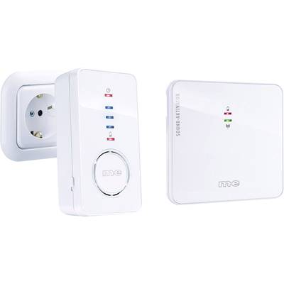A white wireless doorbell receiver and an accompanying device with coloured LED indicators for status display.