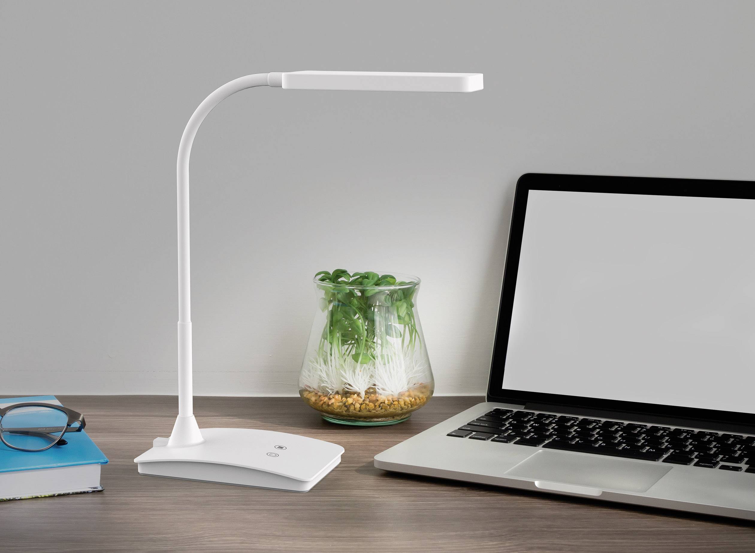 Modern desk with white LED lamp, open laptop and plant in glass vase, ideal for productive work or learning.