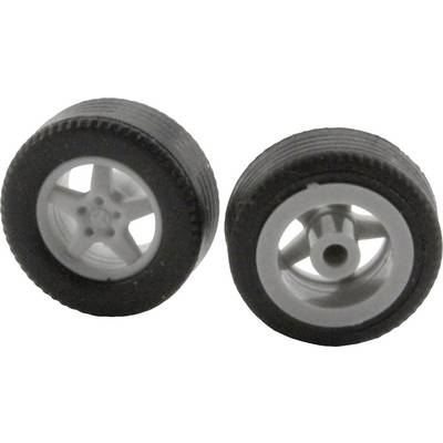 Two black toy wheels with grey rims.