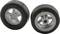 Two black toy wheels with grey rims.