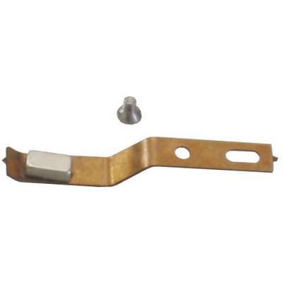 Metal clip with an intertwined design and two holes, beside a small screw.