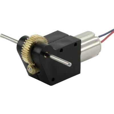 'Mini geared motor with metal gears, rectangular black casing and cables carrying electrical current.'