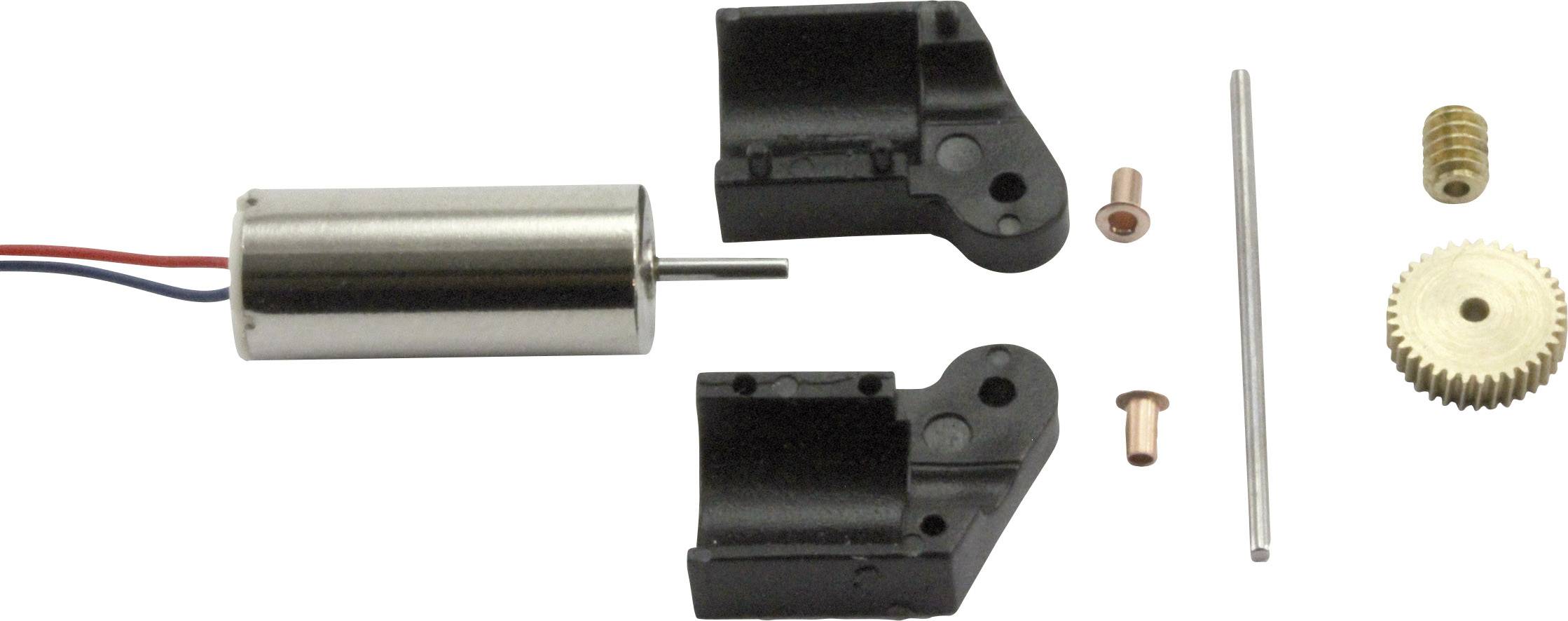 Small electric motor with gearset and mounting accessories, comprising gears, axle and plastic mountings.