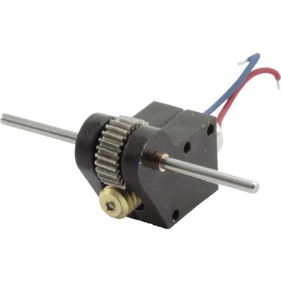 'Small DC motor with gearbox and protruding axles. Two wires, red and blue, are connected for power supply.'