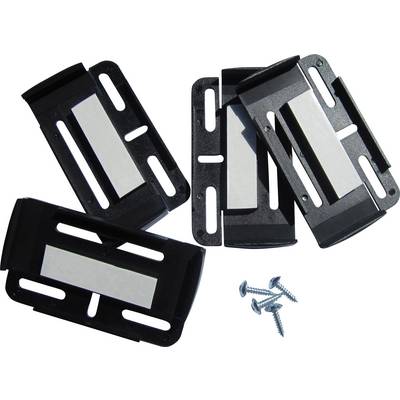 Four black plastic fixings with slots and two screws that can be used for mounting.