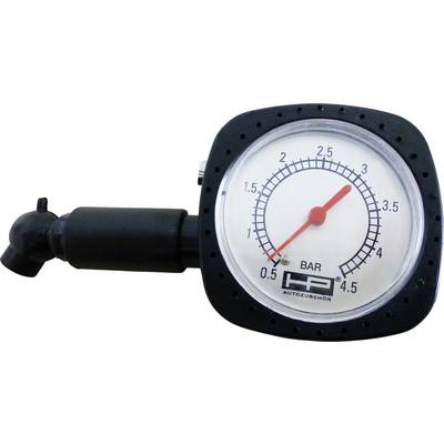 A car tyre pressure gauge shows a pressure of approximately 2.2 bar. The dial has markings from 0.5 to 4.5 bar.