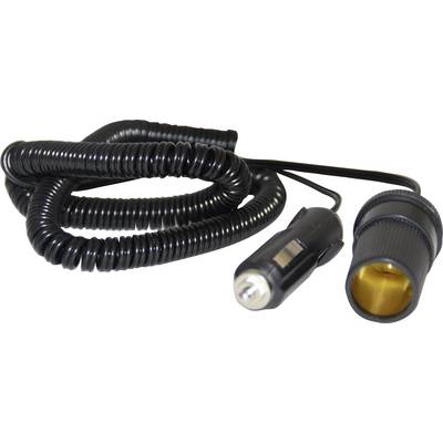 Black, spiral-shaped charging cable with a cigarette lighter plug and corresponding socket, fully uncoiled.