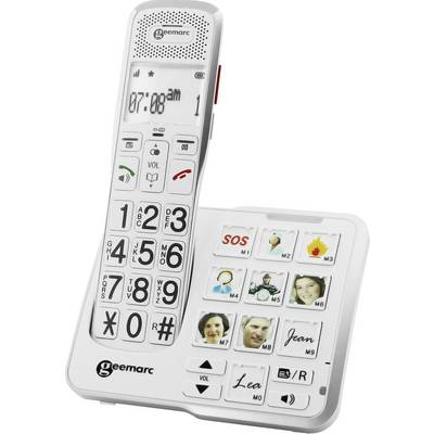 Cordless telephone with large keypad and photo storage spaces on the base station. Includes 'SOS' button for emergency calls.