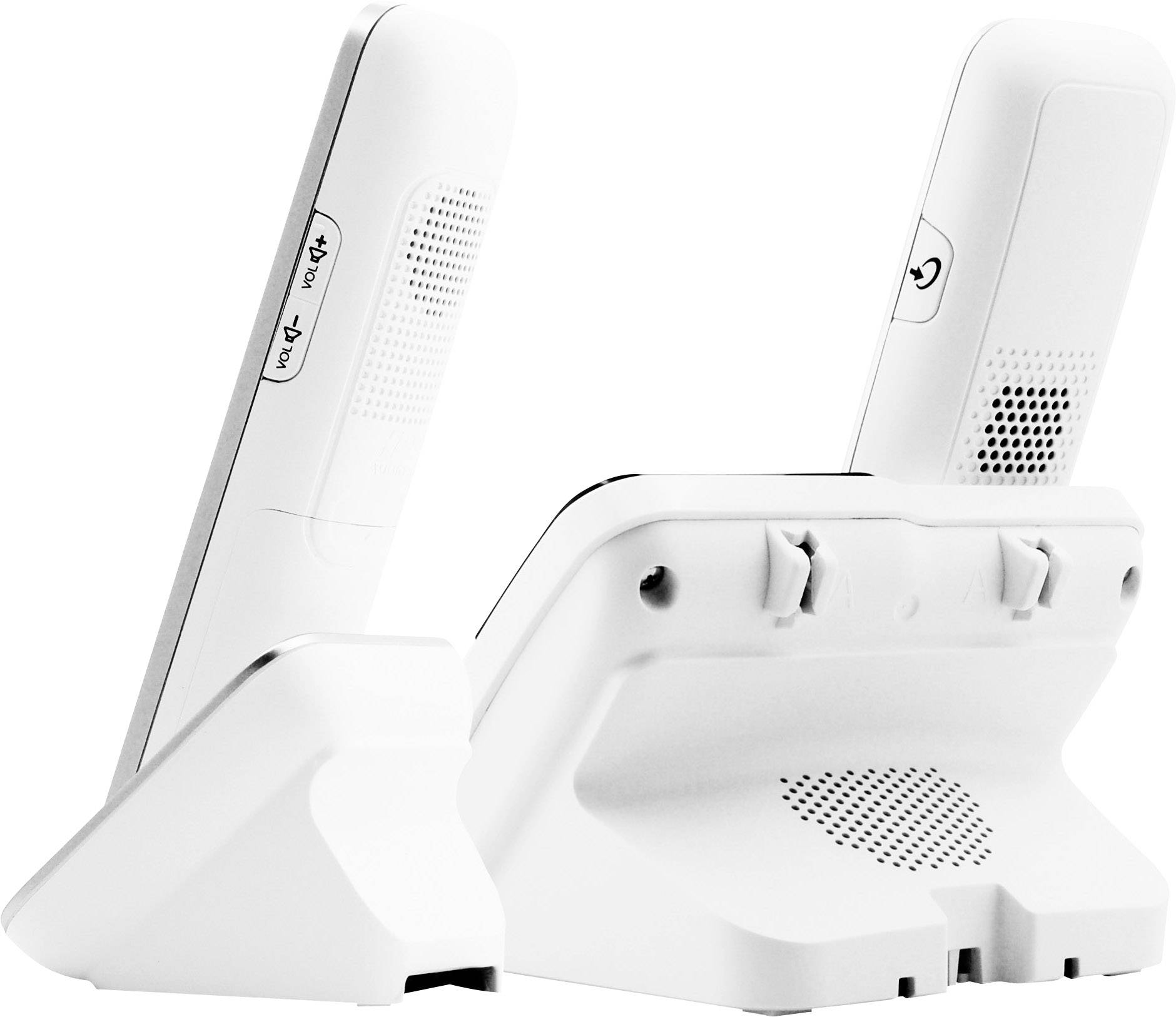 Two white cordless phones are standing in a charging station. Both handsets are positioned upright, with visible speakers and buttons.