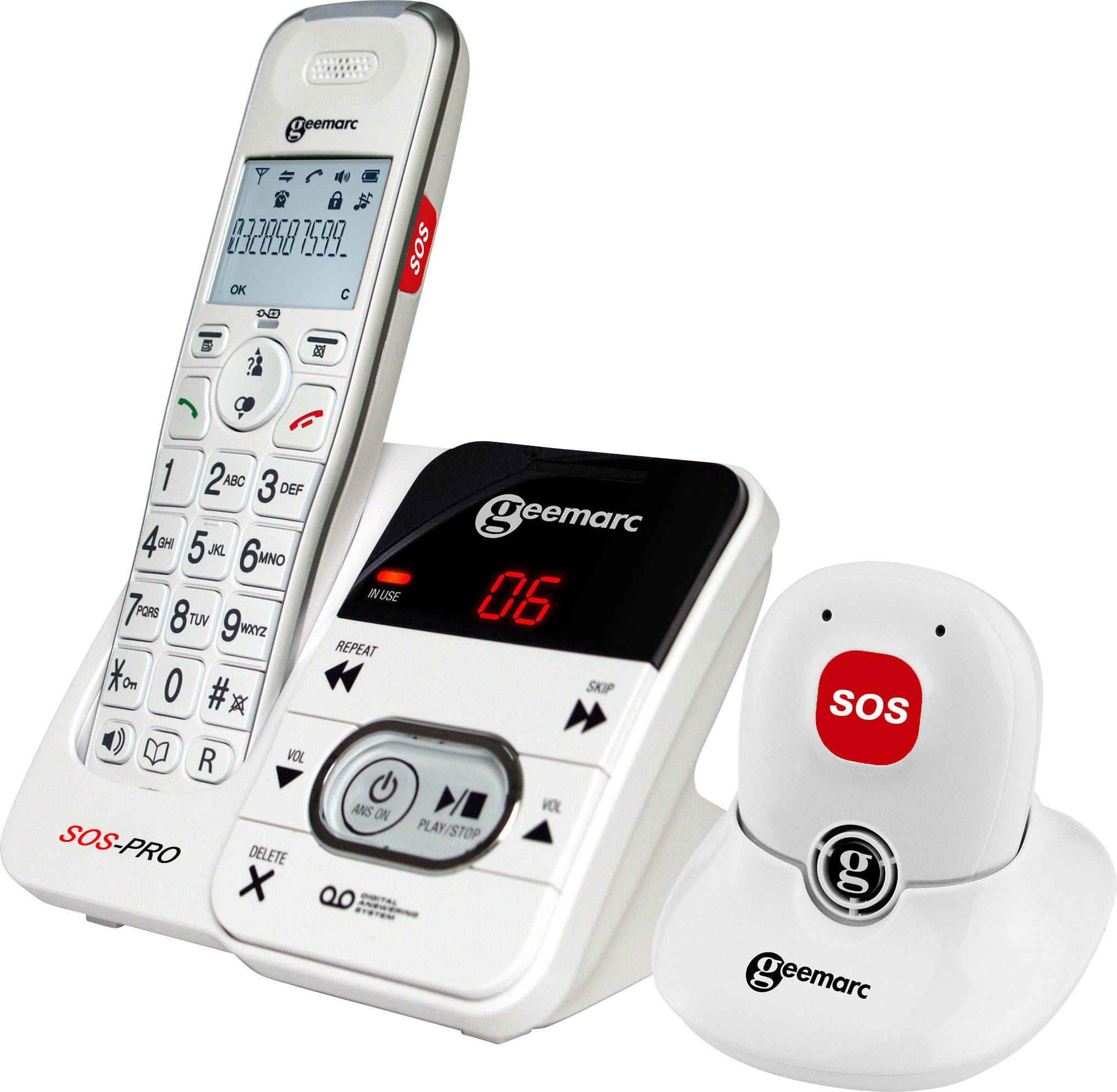 Geemarc AMPLIDECT 295 SOS-Pro Cordless Big Button Answerphone, incl. emergency call transmitter Backlit White