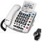 Large desk telephone with large, easily readable buttons and a wristband with an SOS button for emergency support. Ideal for elderly people.