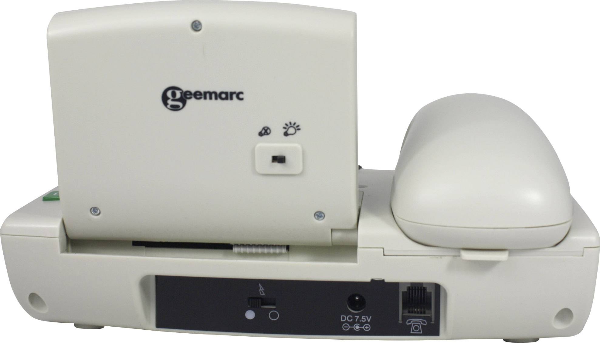 A Geemarc telephone for hearing assistance, with buttons for volume control and ringer indicators on the back.
