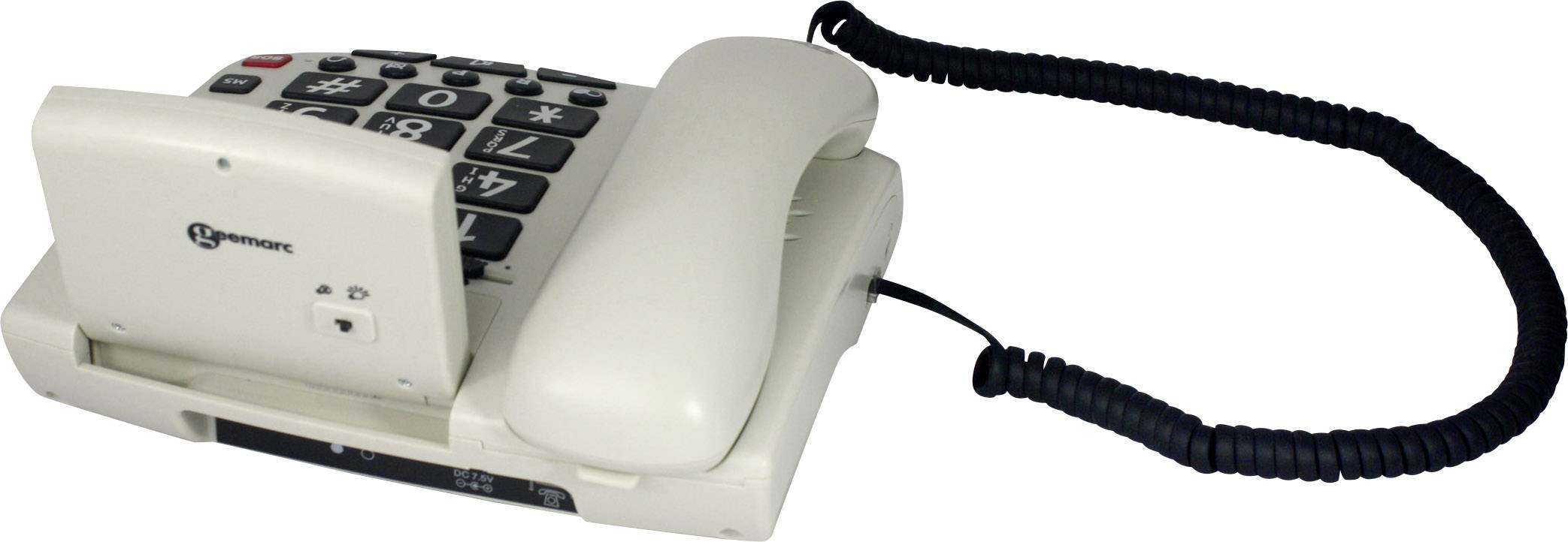 A white landline telephone with large buttons, suitable for people with visual impairments. It features a foldable number cover.