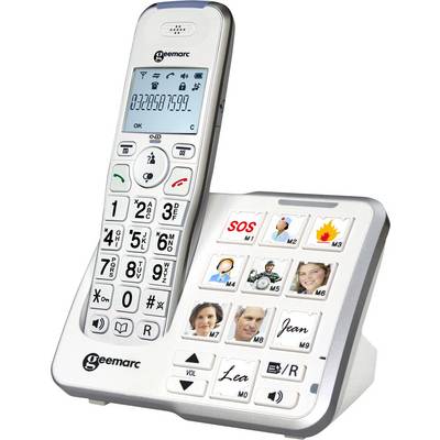 Cordless telephone with large buttons, display, and photo buttons on base station for easy contact selection.