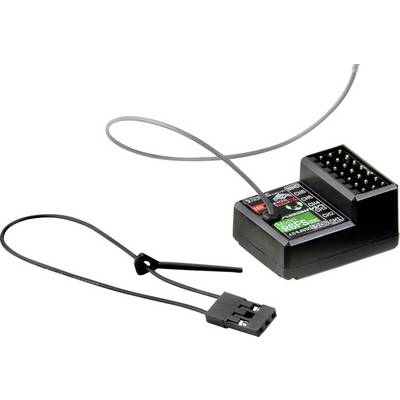 A black receiver with multiple connection pins and a cable with a smaller plug. Suitable for RC model building.