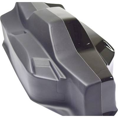 Black, aerodynamically shaped plastic box in the form of a vehicle, possibly for wind tunnel tests or model building.