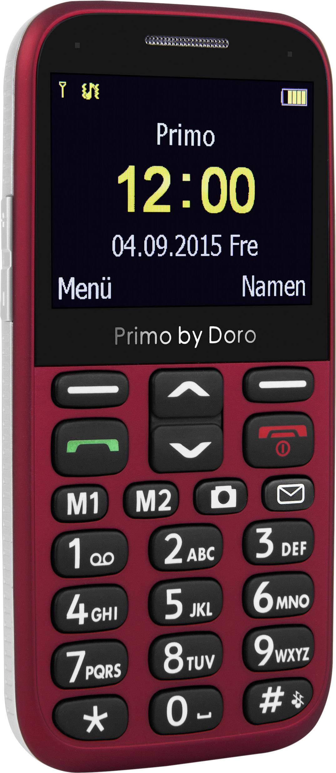 Red mobile phone with large buttons. Screen displays time '12:00', date '04.09.2015' and menu options 'Menu' and 'Contacts'.