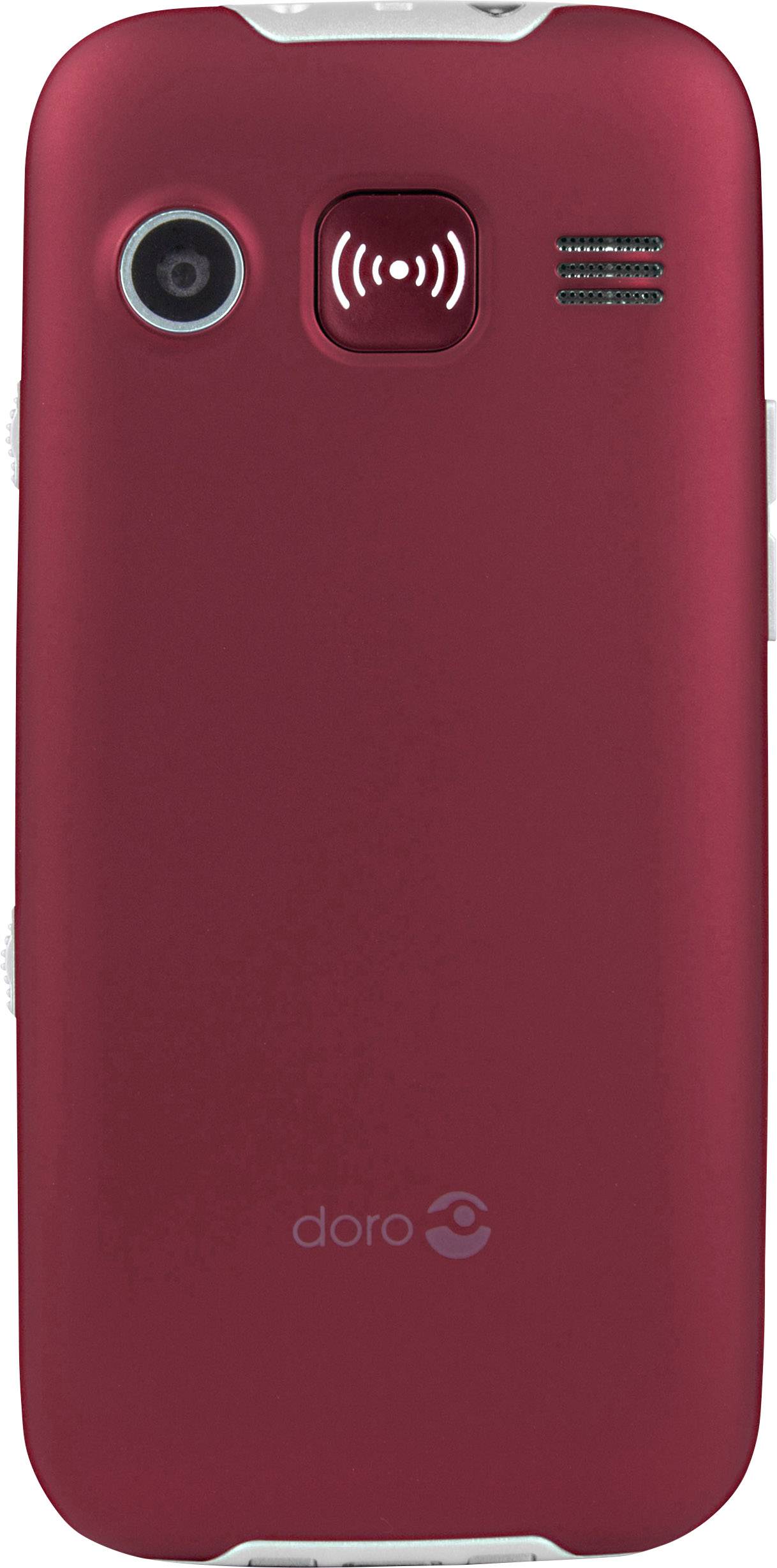 Back of a red mobile phone with camera, speaker, and brand logo at the top.