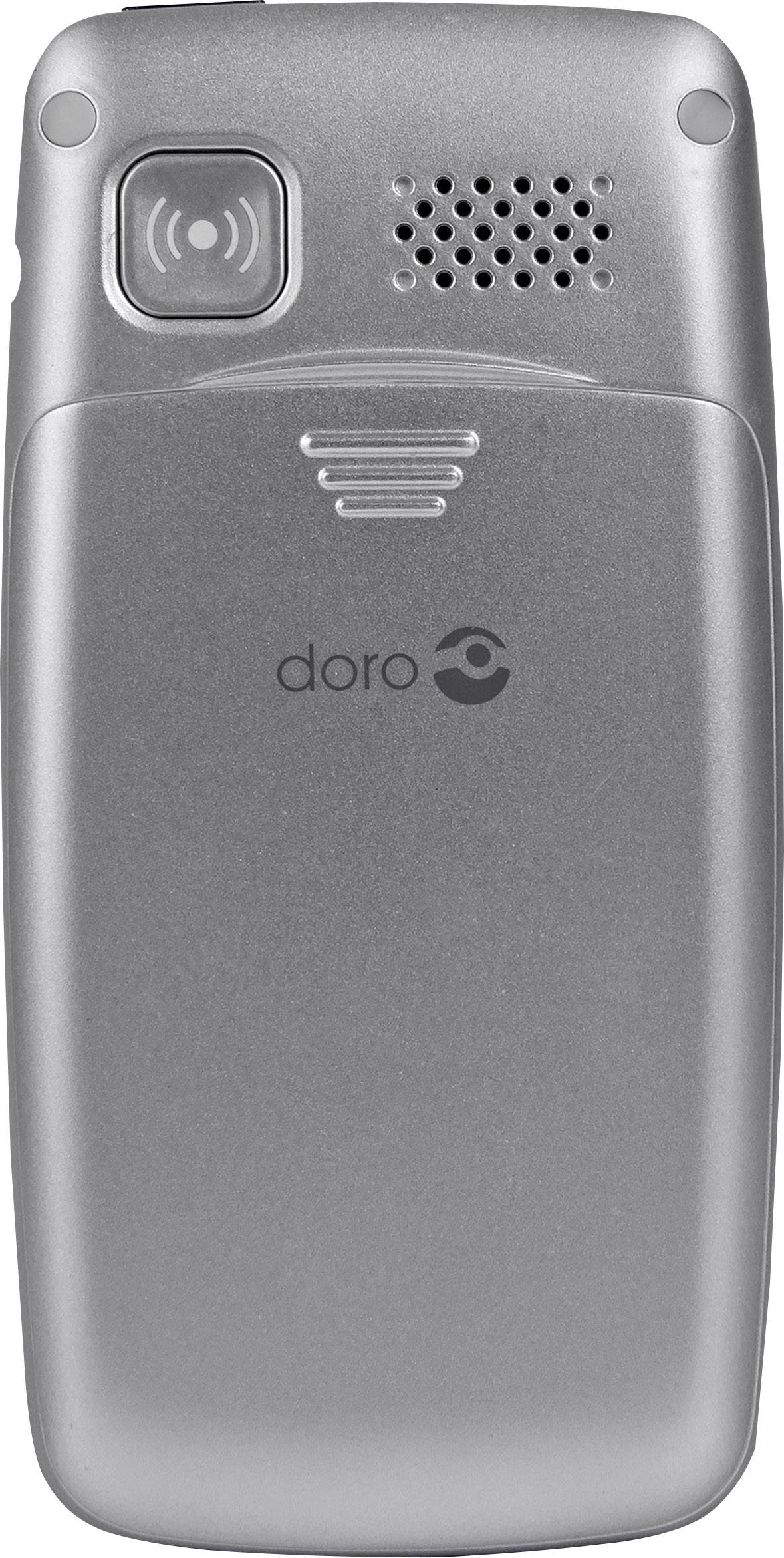 Compact, silver flip mobile phone by Doro with rear camera and speaker on the back, suitable for senior citizens.