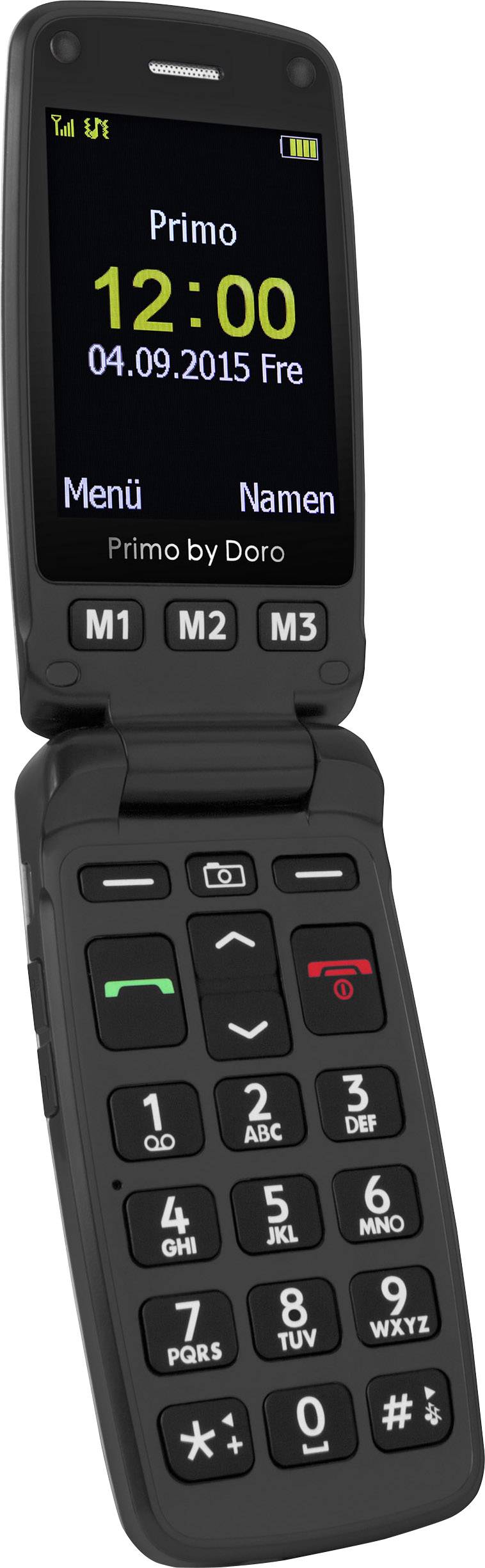 A black flip mobile phone with large buttons. The screen displays the time as 12:00 and the date as 04/09/2015.