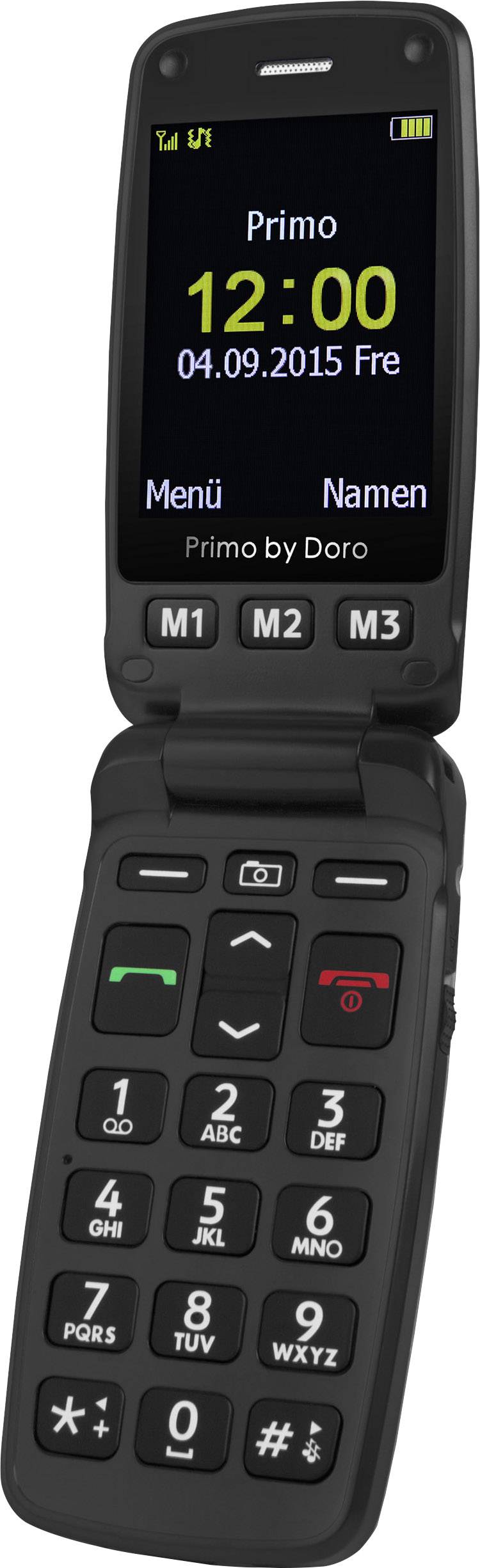 Flip mobile phone with large keypad and small display. Screen shows 'Primo 12:00 04.09.2015 Fri'